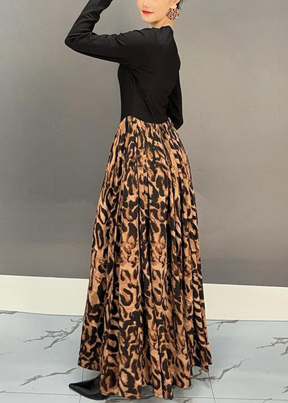 Fashion Colorblock V Neck Print Patchwork Long Dress Fall