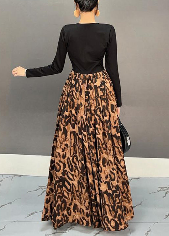 Fashion Colorblock V Neck Print Patchwork Long Dress Fall