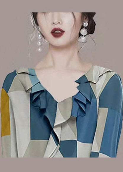 Fashion Colorblock V Neck Ruffled Chiffon Shirt Tops Long Sleeve