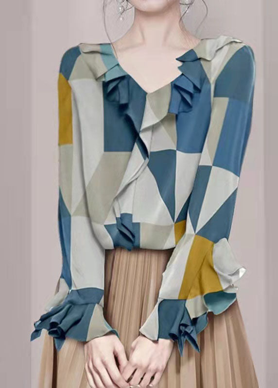 Fashion Colorblock V Neck Ruffled Chiffon Shirt Tops Long Sleeve