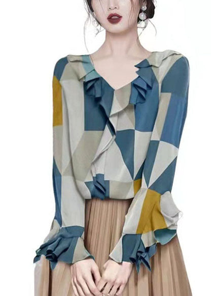 Fashion Colorblock V Neck Ruffled Chiffon Shirt Tops Long Sleeve