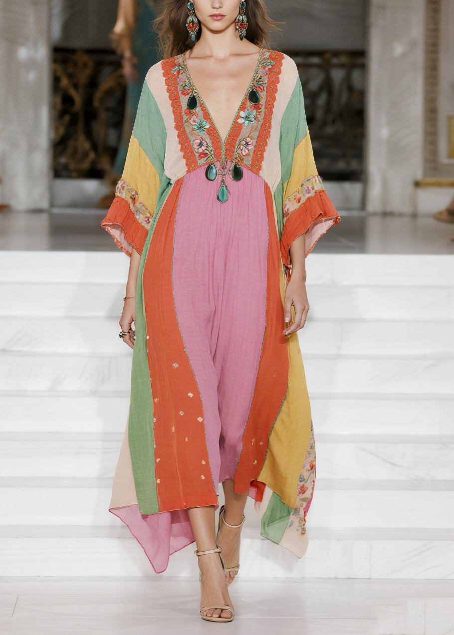 Fashion Colorblock V Neck Striped Cotton Vacation Dresses Summer