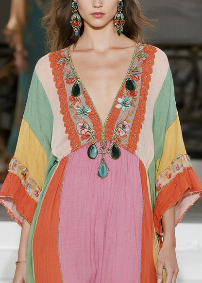 Fashion Colorblock V Neck Striped Cotton Vacation Dresses Summer