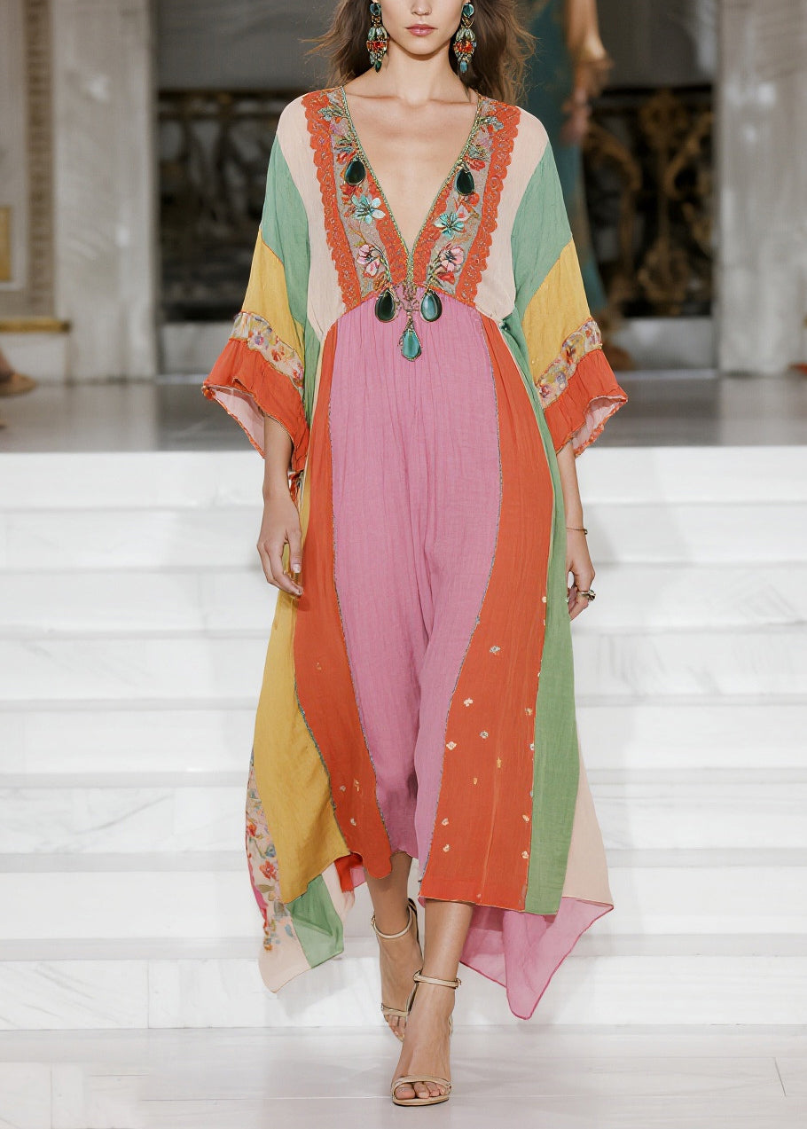 Fashion Colorblock V Neck Striped Cotton Vacation Dresses Summer