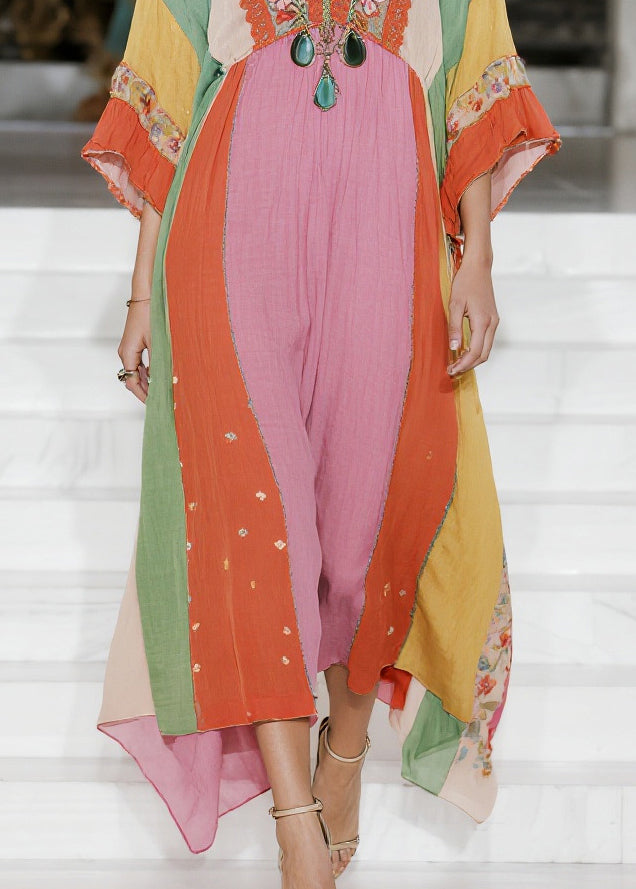 Fashion Colorblock V Neck Striped Cotton Vacation Dresses Summer