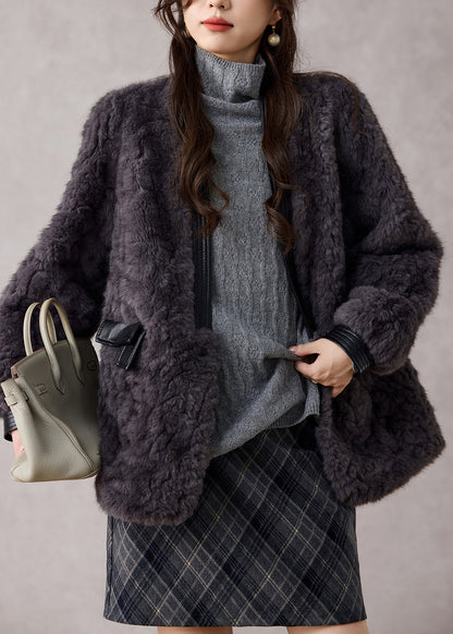 Modische dunkelgraue Patchwork-Mäntel aus Kunstpelz mit V-Ausschnitt für den Winter