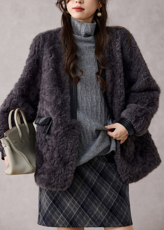 Modische dunkelgraue Patchwork-Mäntel aus Kunstpelz mit V-Ausschnitt für den Winter