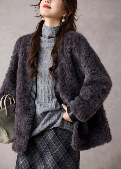 Modische dunkelgraue Patchwork-Mäntel aus Kunstpelz mit V-Ausschnitt für den Winter