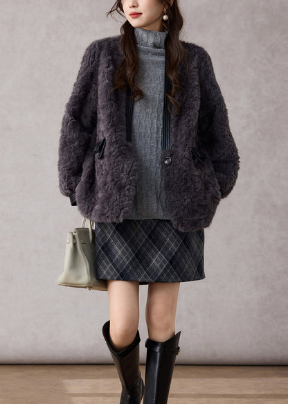 Modische dunkelgraue Patchwork-Mäntel aus Kunstpelz mit V-Ausschnitt für den Winter