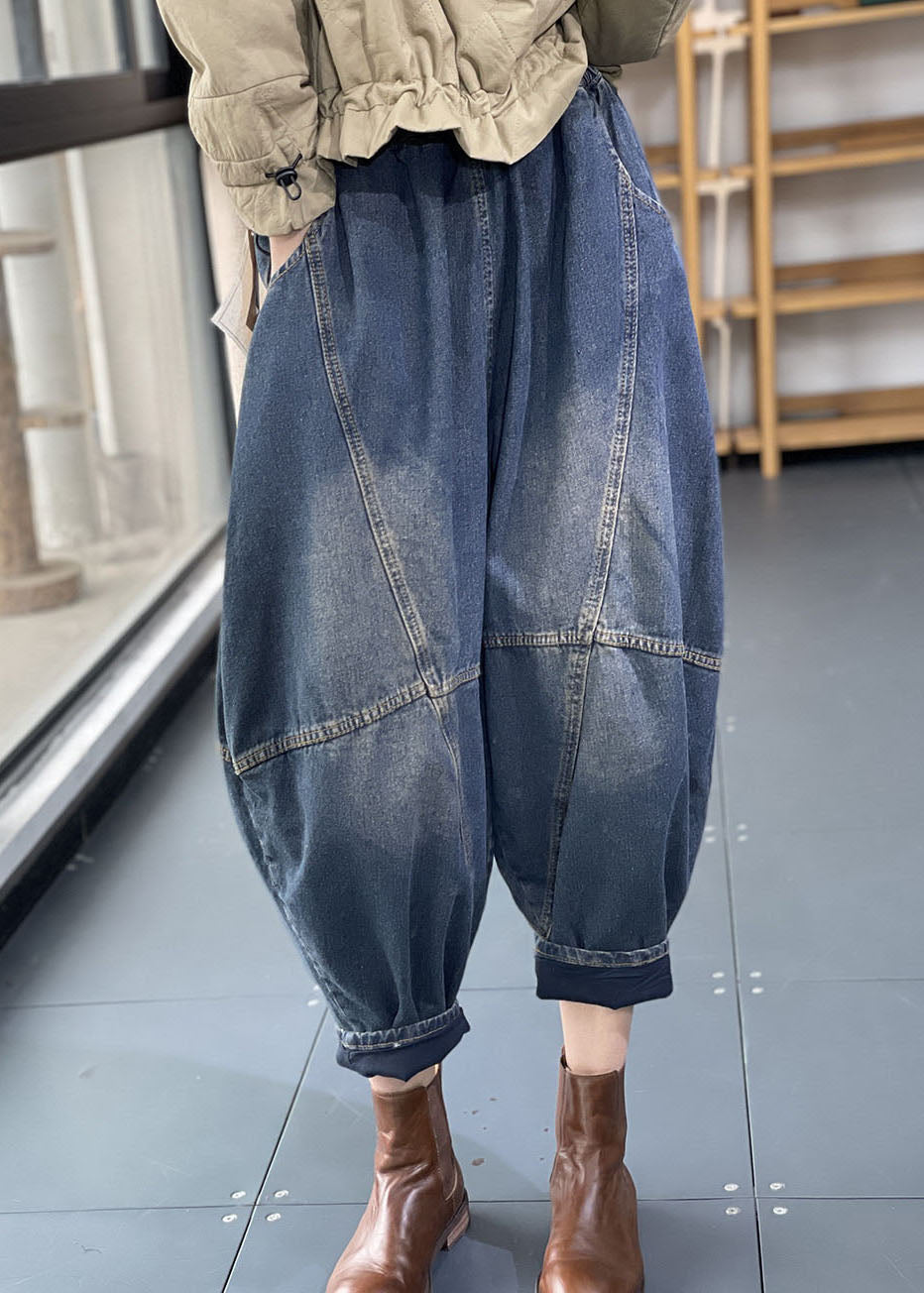 Mode Denim Blau Elastische Taille Übergroße Patchwork Baumwolle Haremshose