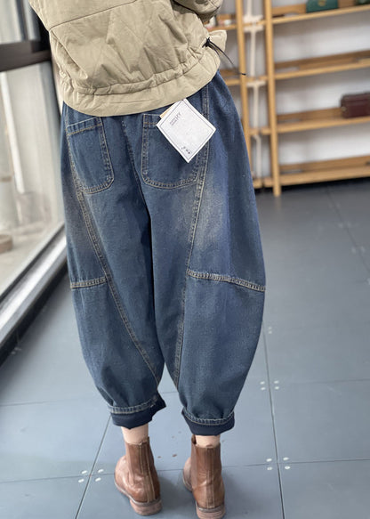 Mode Denim Blau Elastische Taille Übergroße Patchwork Baumwolle Haremshose