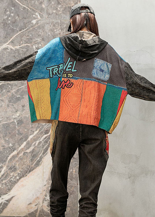 Mode Denim Lose Patchwork Print Taschen Herbst Langarm Mantel