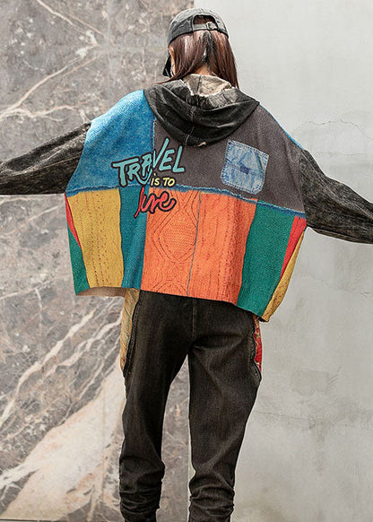 Mode Denim Lose Patchwork Print Taschen Herbst Langarm Mantel