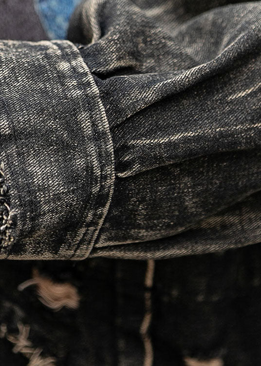 Mode Denim Lose Patchwork Print Taschen Herbst Langarm Mantel