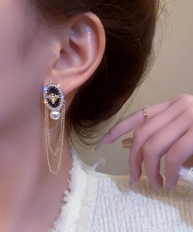 Pendientes colgantes con borlas de circonitas, cristales y perlas de aleación de oro de moda