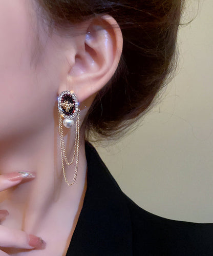 Pendientes colgantes con borlas de circonitas, cristales y perlas de aleación de oro de moda
