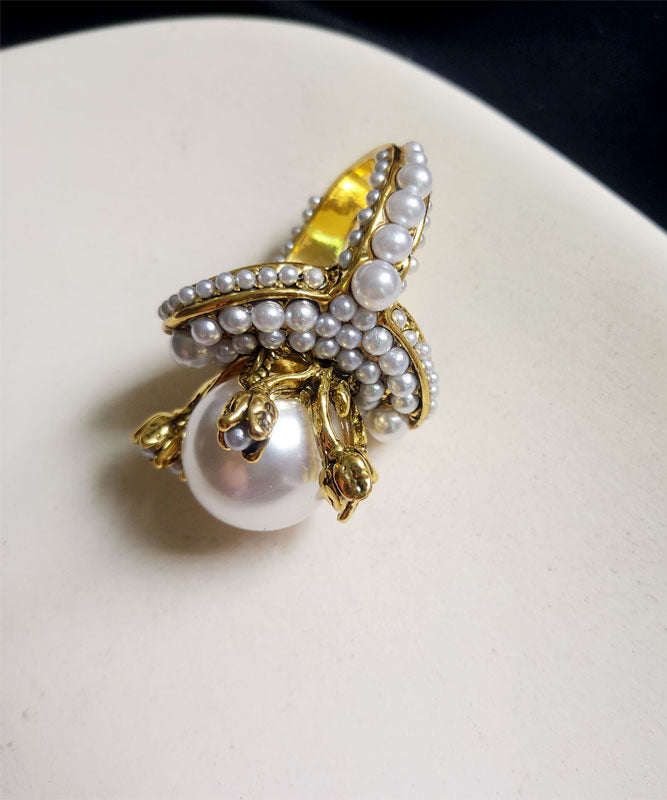 Fashion Gold Alloy Pearl Floral Rings