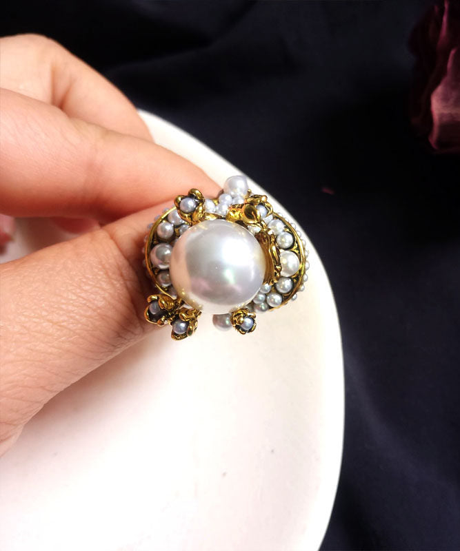 Fashion Gold Alloy Pearl Floral Rings