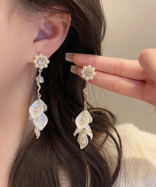 Fashion Gold Alloy Zircon Floral Pearl Tassel Drop Earrings