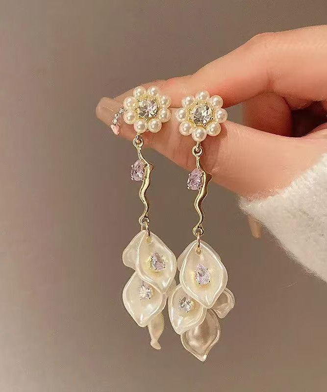Fashion Gold Alloy Zircon Floral Pearl Tassel Drop Earrings