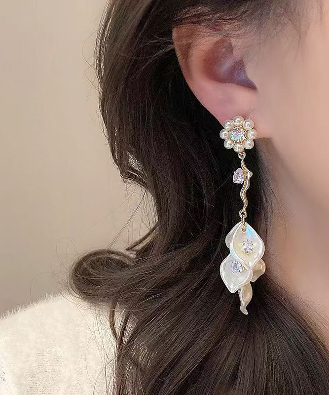 Fashion Gold Alloy Zircon Floral Pearl Tassel Drop Earrings