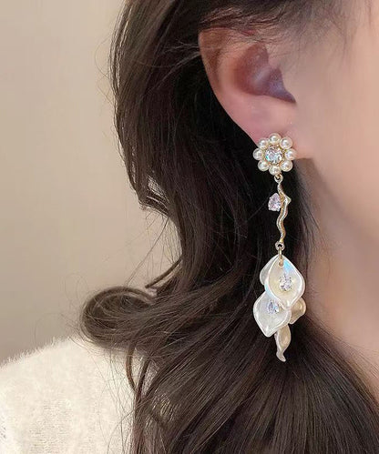 Fashion Gold Alloy Zircon Floral Pearl Tassel Drop Earrings