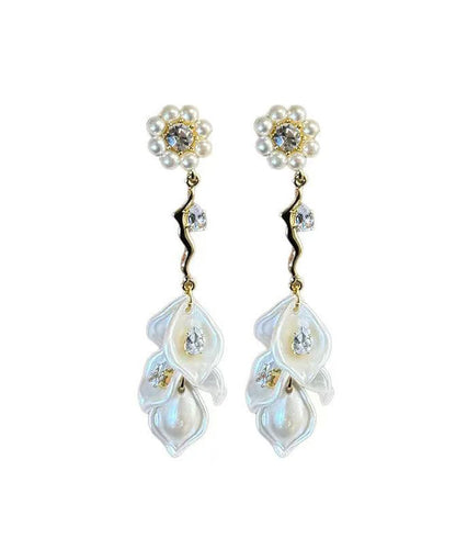 Fashion Gold Alloy Zircon Floral Pearl Tassel Drop Earrings