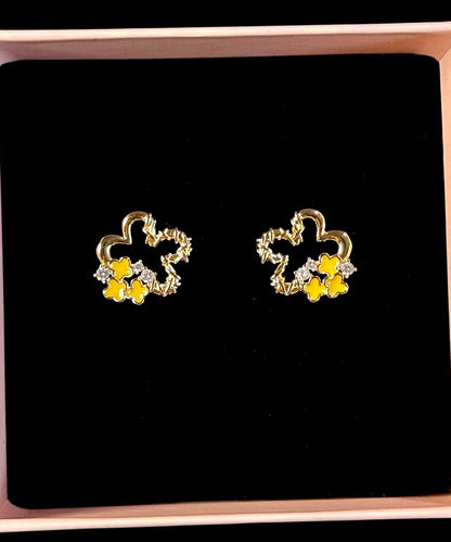 Fashion Gold Alloy Zircon Hollow Out Floral Stud Earrings