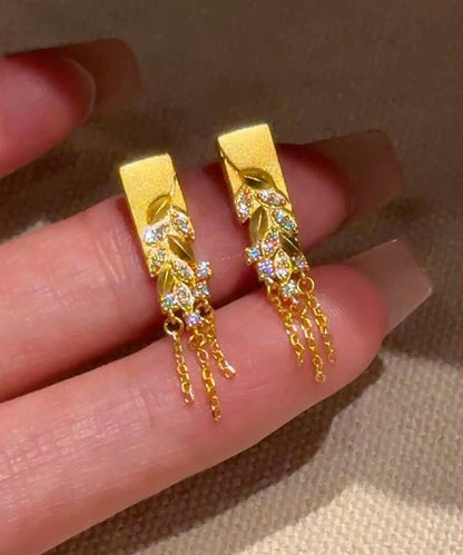 Fashion Gold Copper Alloy Zircon Fallen Leaves Tassel Stud Earrings