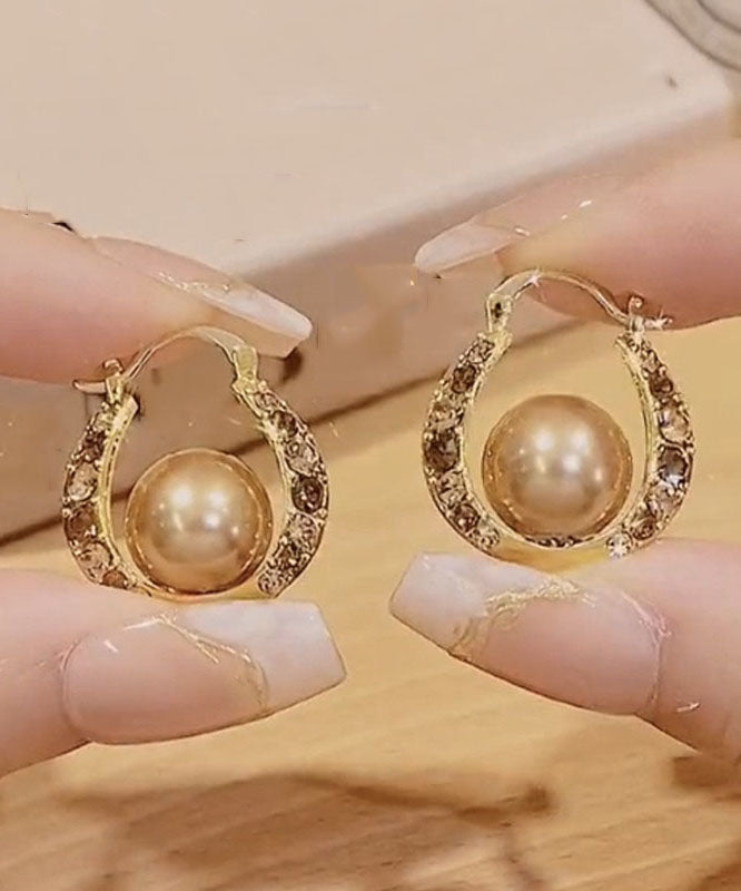 Fashion Gold Copper Alloy Zircon Pearl Hoop Earrings