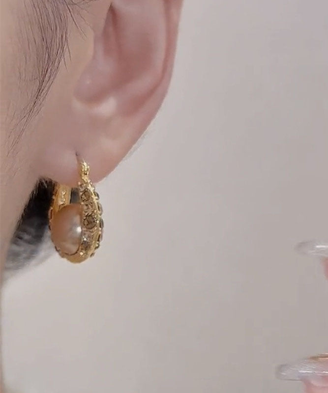 Fashion Gold Copper Alloy Zircon Pearl Hoop Earrings