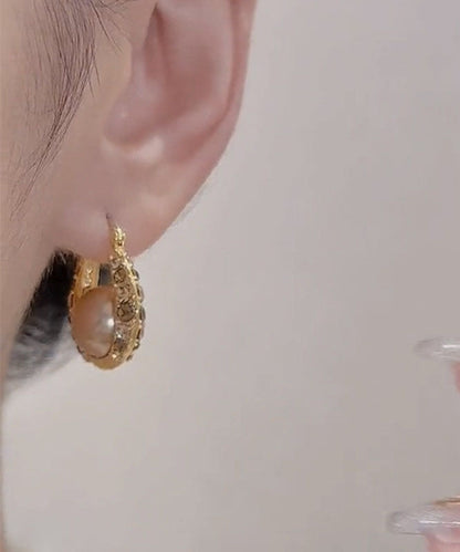 Fashion Gold Copper Alloy Zircon Pearl Hoop Earrings