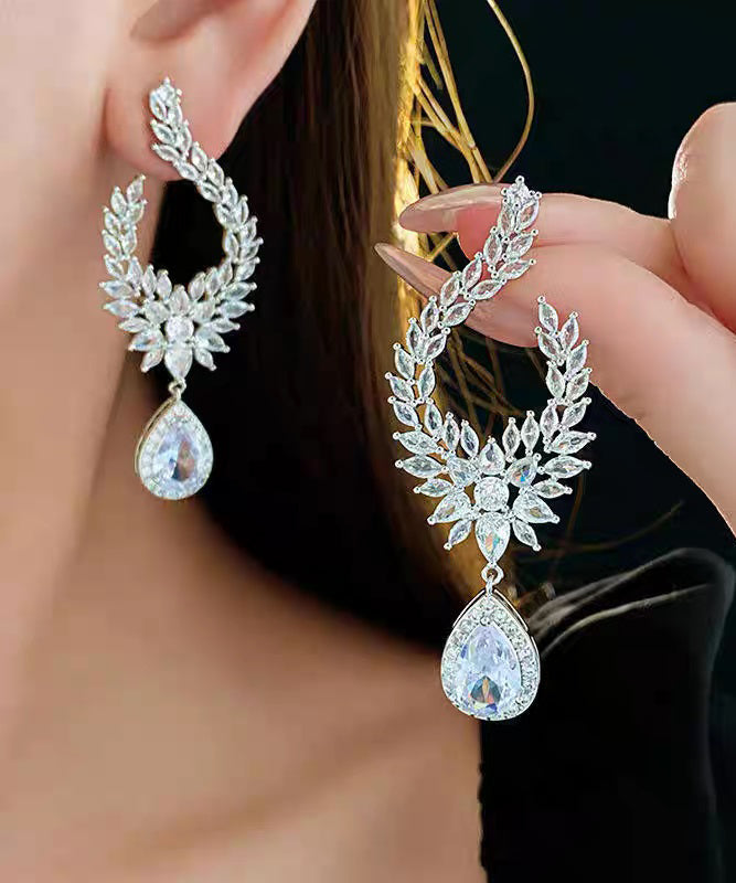 Fashion Gold Copper Overgild Zircon Leaf Water Droplet Drop Earrings