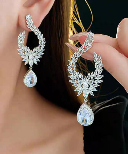 Fashion Gold Copper Overgild Zircon Leaf Water Droplet Drop Earrings