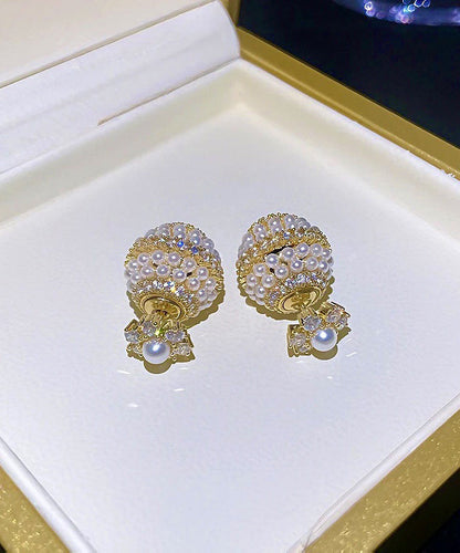 Pendientes de botón con forma de bola de perla y circonitas doradas y cobre