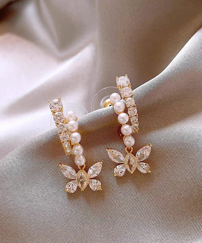 Fashion Gold Copper Overgild Zircon Pearl Butterfly Hoop Earrings