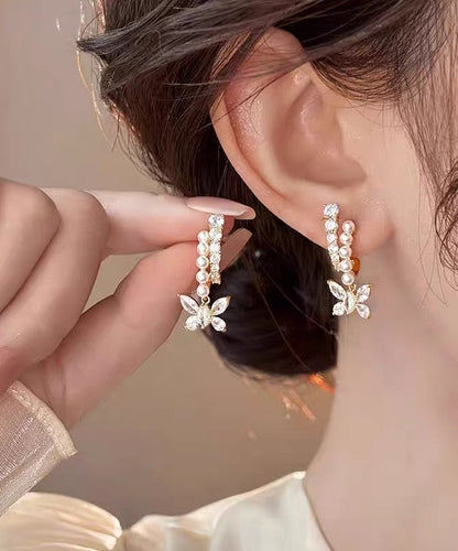 Fashion Gold Copper Overgild Zircon Pearl Butterfly Hoop Earrings