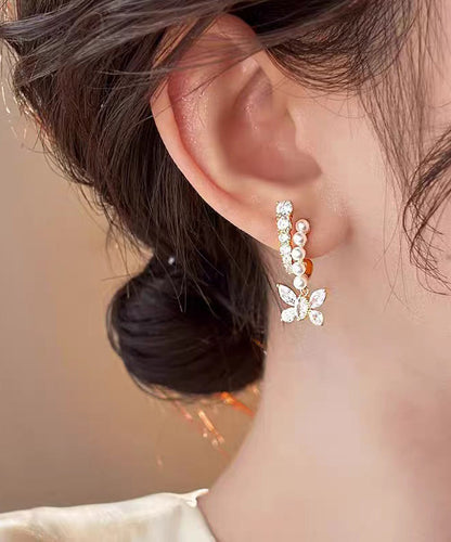 Fashion Gold Copper Overgild Zircon Pearl Butterfly Hoop Earrings
