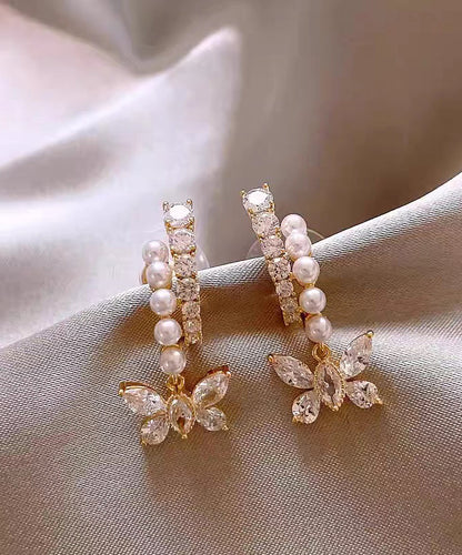 Fashion Gold Copper Overgild Zircon Pearl Butterfly Hoop Earrings