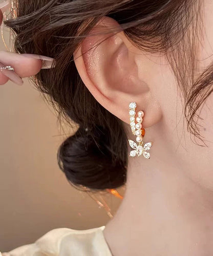 Fashion Gold Copper Overgild Zircon Pearl Butterfly Hoop Earrings