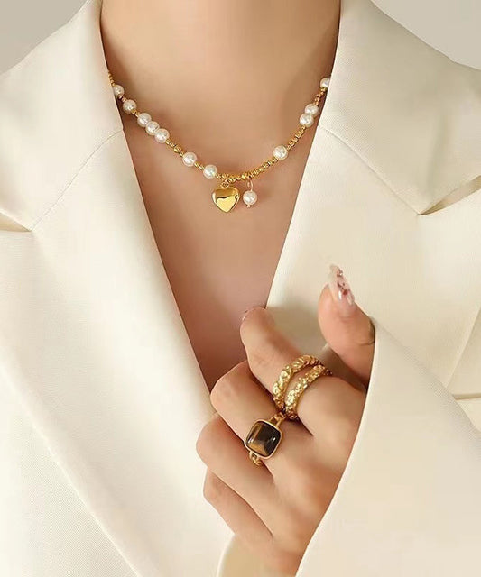 Collar con colgante de amor de acero inoxidable dorado y perla de moda con patchwork