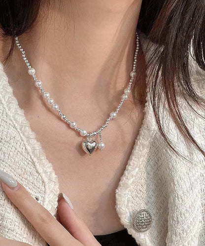 Collar con colgante de amor de acero inoxidable dorado y perla de moda con patchwork