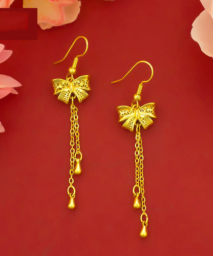 Pendientes colgantes con borlas y lazo de plata de ley dorada a la moda