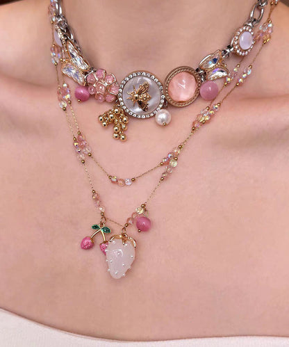 Fashion Gold Sterling Silver Overgild Floral Cherry Jade Pendant Necklace Two-Piece Set