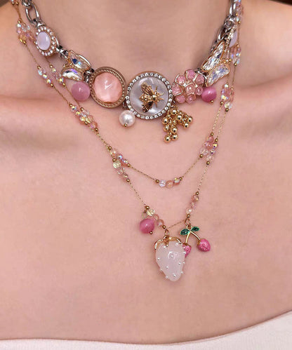 Fashion Gold Sterling Silver Overgild Floral Cherry Jade Pendant Necklace Two-Piece Set