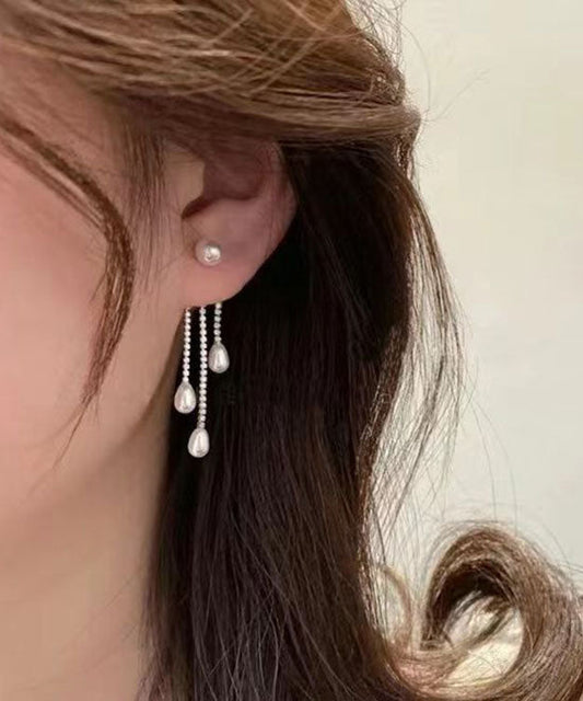 Fashion Gold Sterling Silver Overgild Zircon Pearl Tassel Drop Earrings