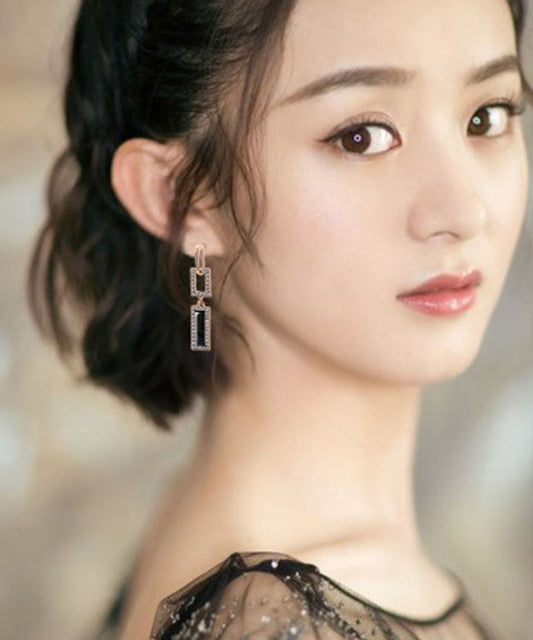 Pendientes colgantes con borlas rectangulares huecas de circonita y plata de ley dorada de moda