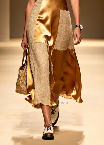 Fashion Golden Asymmetrical Patchwork Linen Silk Spaghetti Strap Dress Summer