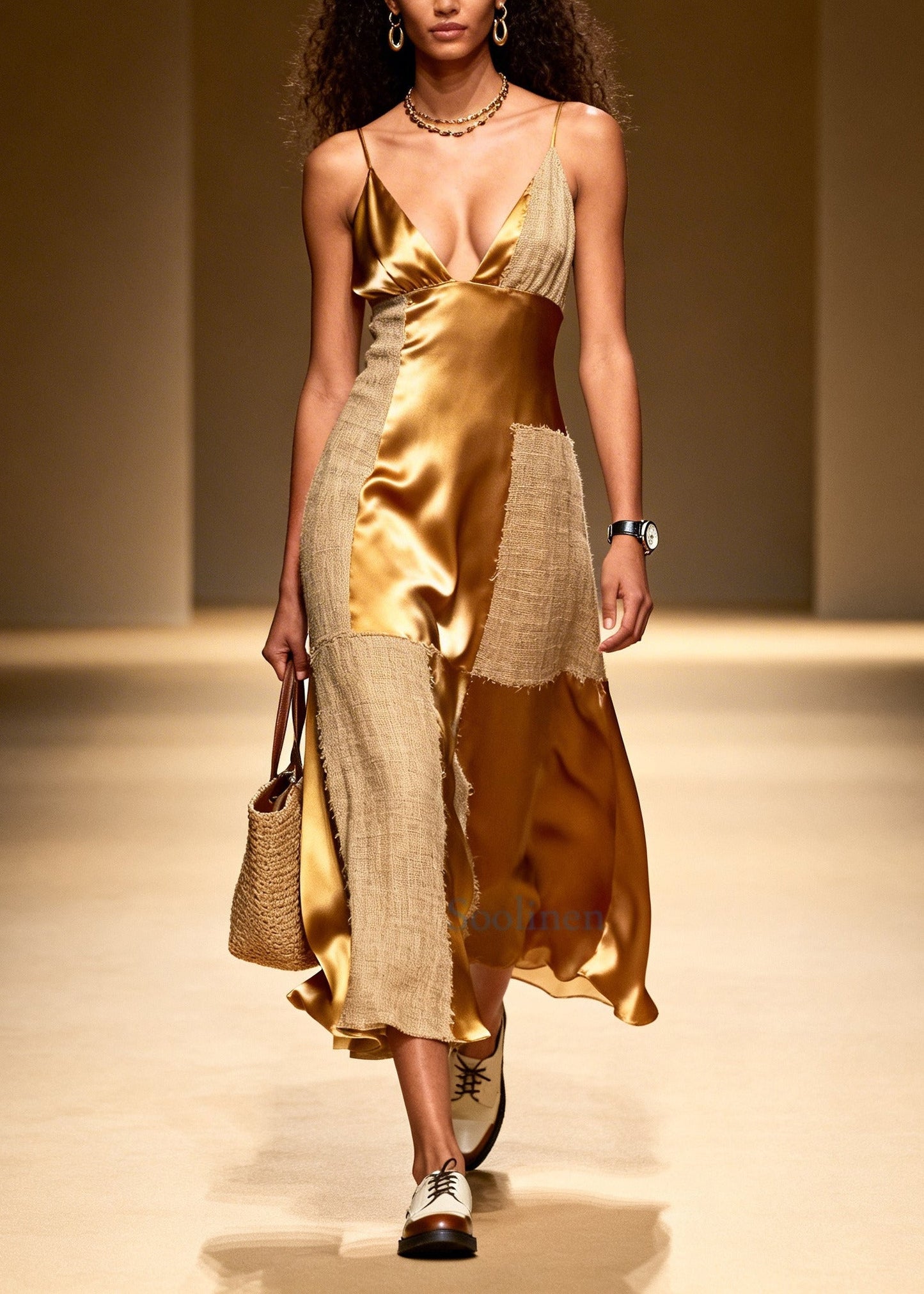 Fashion Golden Asymmetrical Patchwork Linen Silk Spaghetti Strap Dress Summer