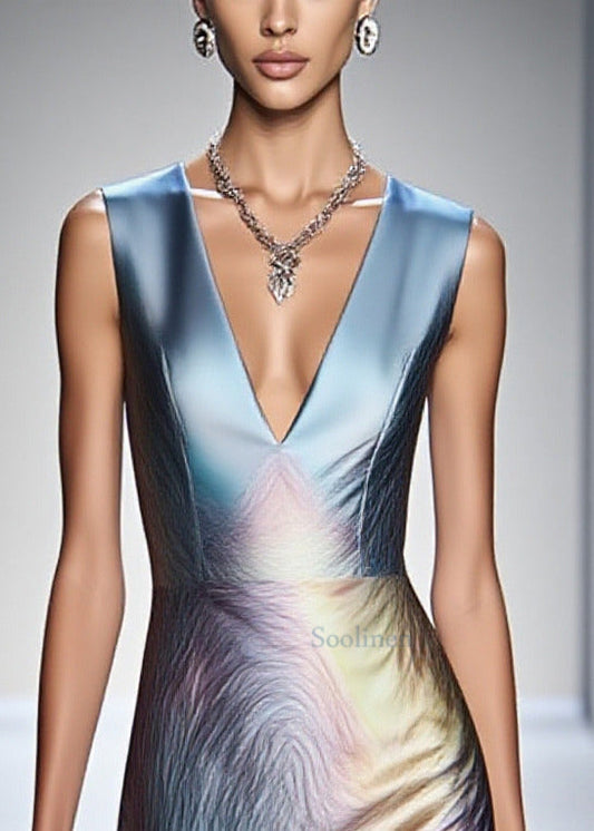 Fashion Gradient Blue V Neck Silm Fit Silk Tea Dress Sleeveless